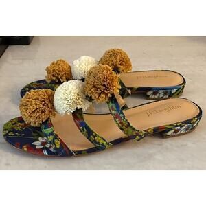 J. McLaughlin Mandy‎ Floral Pom Pom Sandals Slides Size 8 Leather Blue Raffia